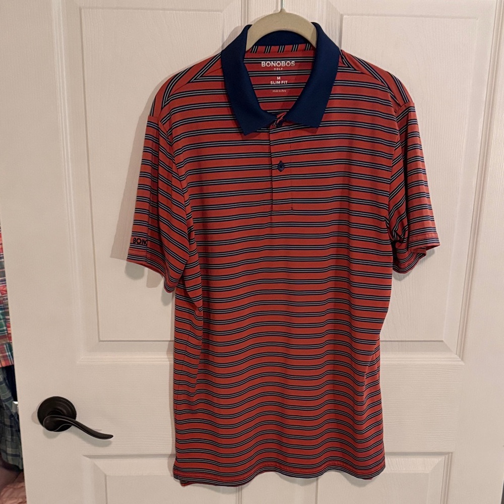 Bonobos Men's Polo Shirt - Navy and Coral Stripes